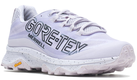 Light purple trail running shoe with "GORE-TEX MERRELL" printed on the side and a white sole with speckles.