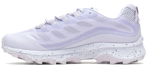 A running shoe with a white upper and white and black speckled sole.