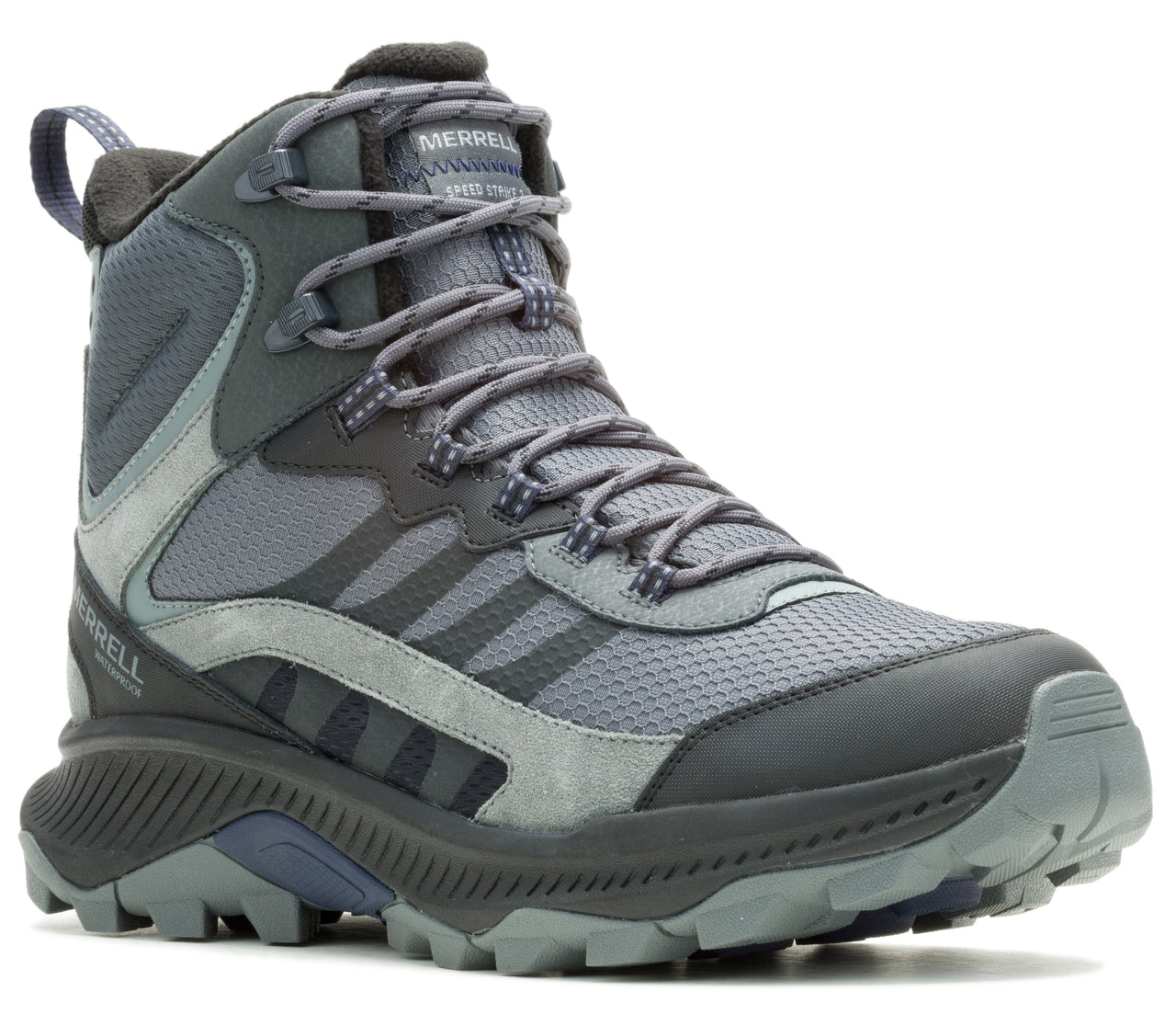 Gray hiking boot, high top, with laces.