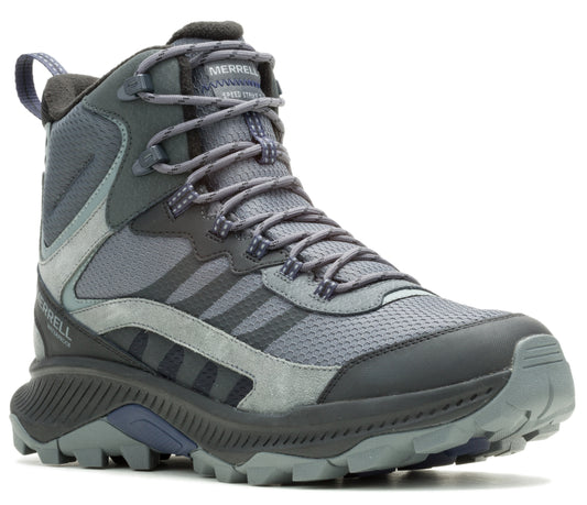 Gray hiking boot, high top, with laces.