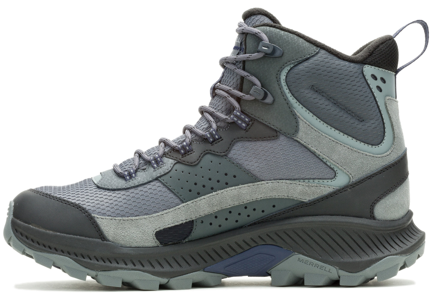 Mid-height hiking boot, gray textile upper with gray suede overlays, eyelets, and lugged sole.
