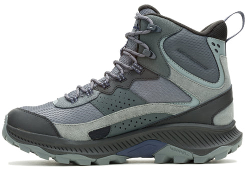 Mid-height hiking boot, gray textile upper with gray suede overlays, eyelets, and lugged sole.