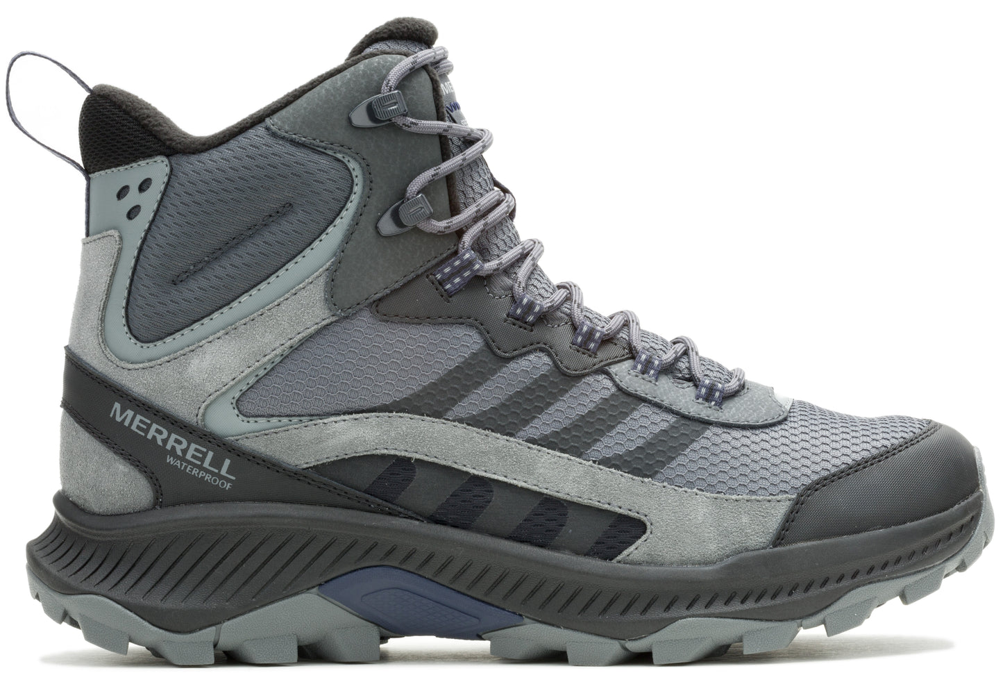 High top hiking boot, gray fabric, gray suede, black sole, gray laces, text 'MERRELL WATERPROOF' on side
