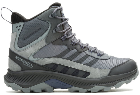 High top hiking boot, gray fabric, gray suede, black sole, gray laces, text 'MERRELL WATERPROOF' on side
