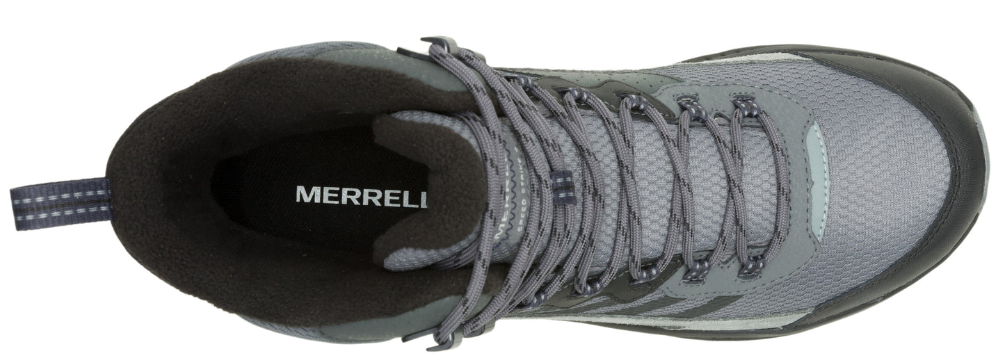 Grey mid-top hiking shoe with laces and a pull tab on the back, featuring "MERRELL" printed on the insole.