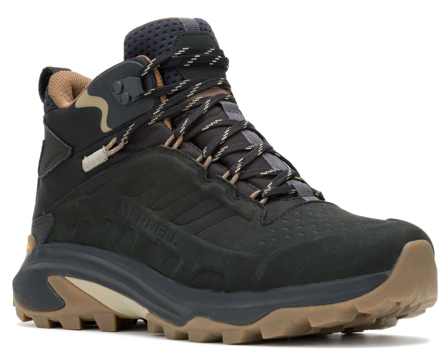 Dark green hiking boot with patterned laces, black and tan collar, and brown rubber soles.