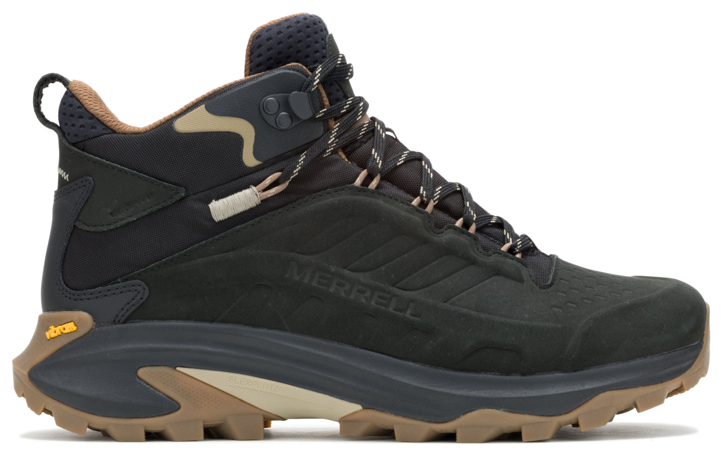 Side view of a dark green and black hiking boot with brown trim, laces and sole.