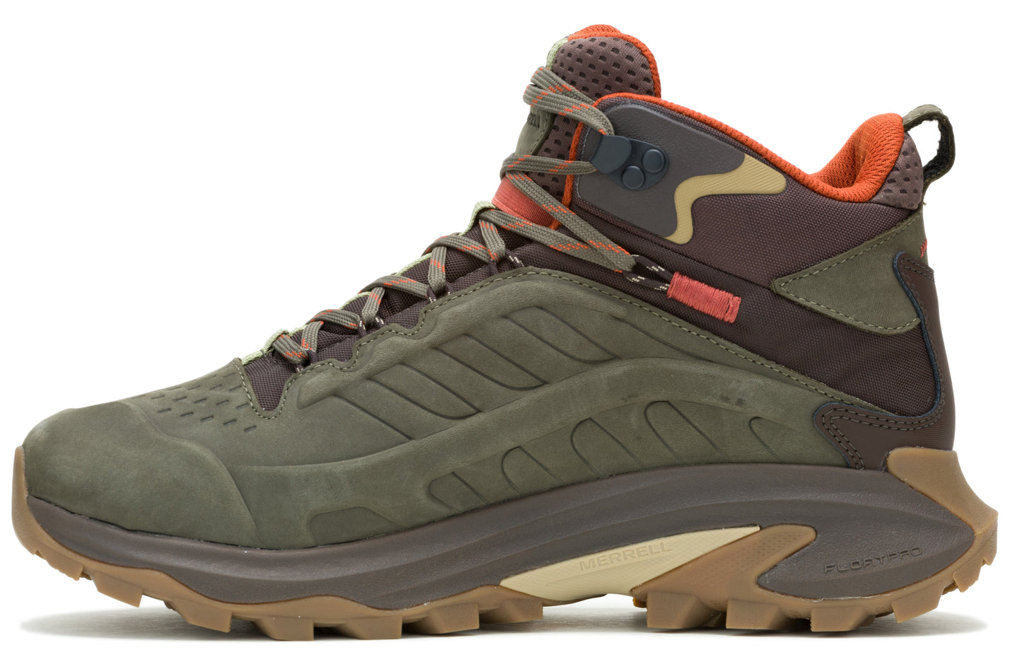 Hiking boot featuring a green and brown upper, orange padded collar, and brown patterned laces.