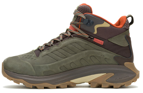 Hiking boot featuring a green and brown upper, orange padded collar, and brown patterned laces.
