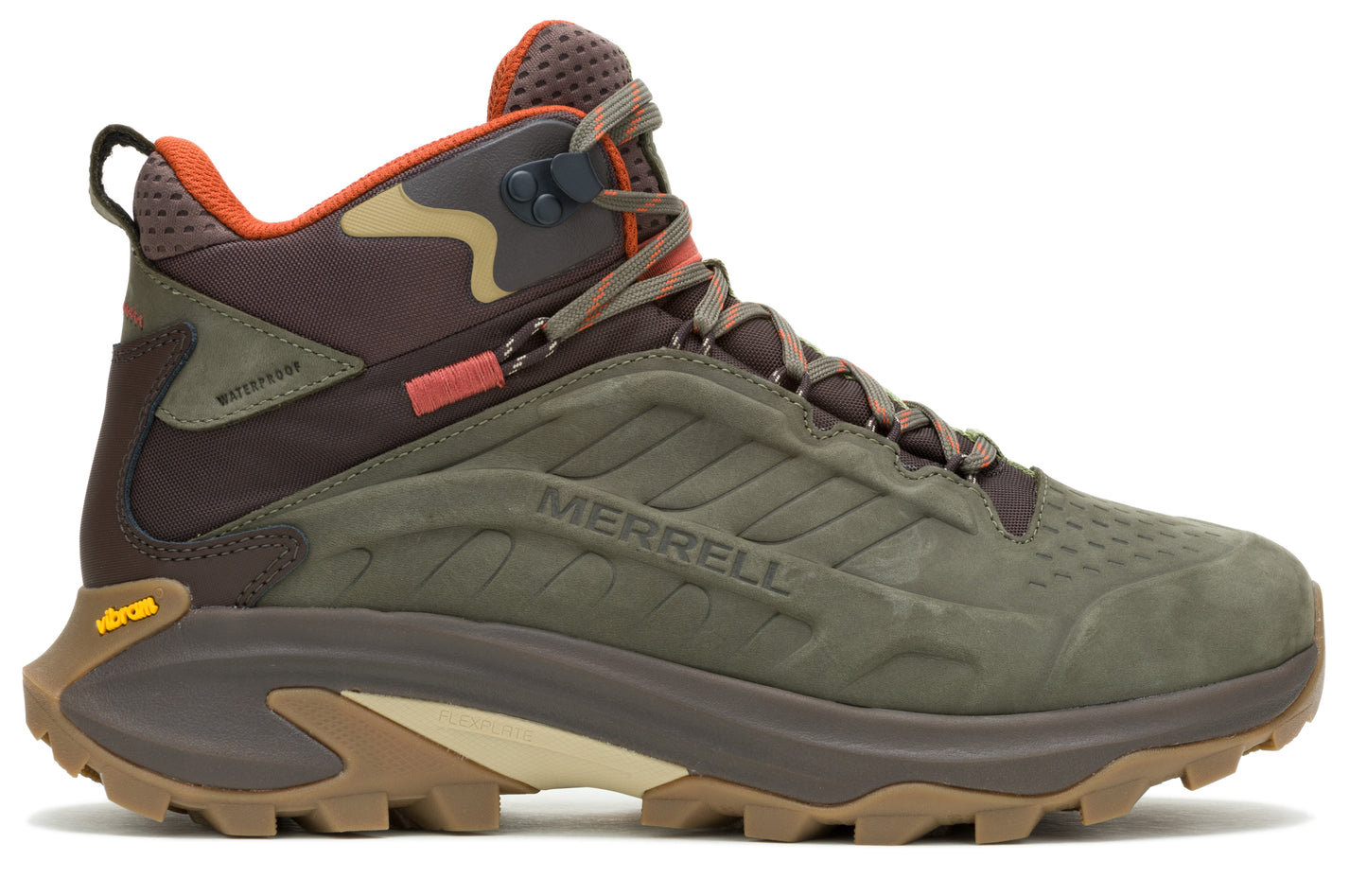 Hiking boot, waterproof, brown with orange inner lining, and Vibram sole.