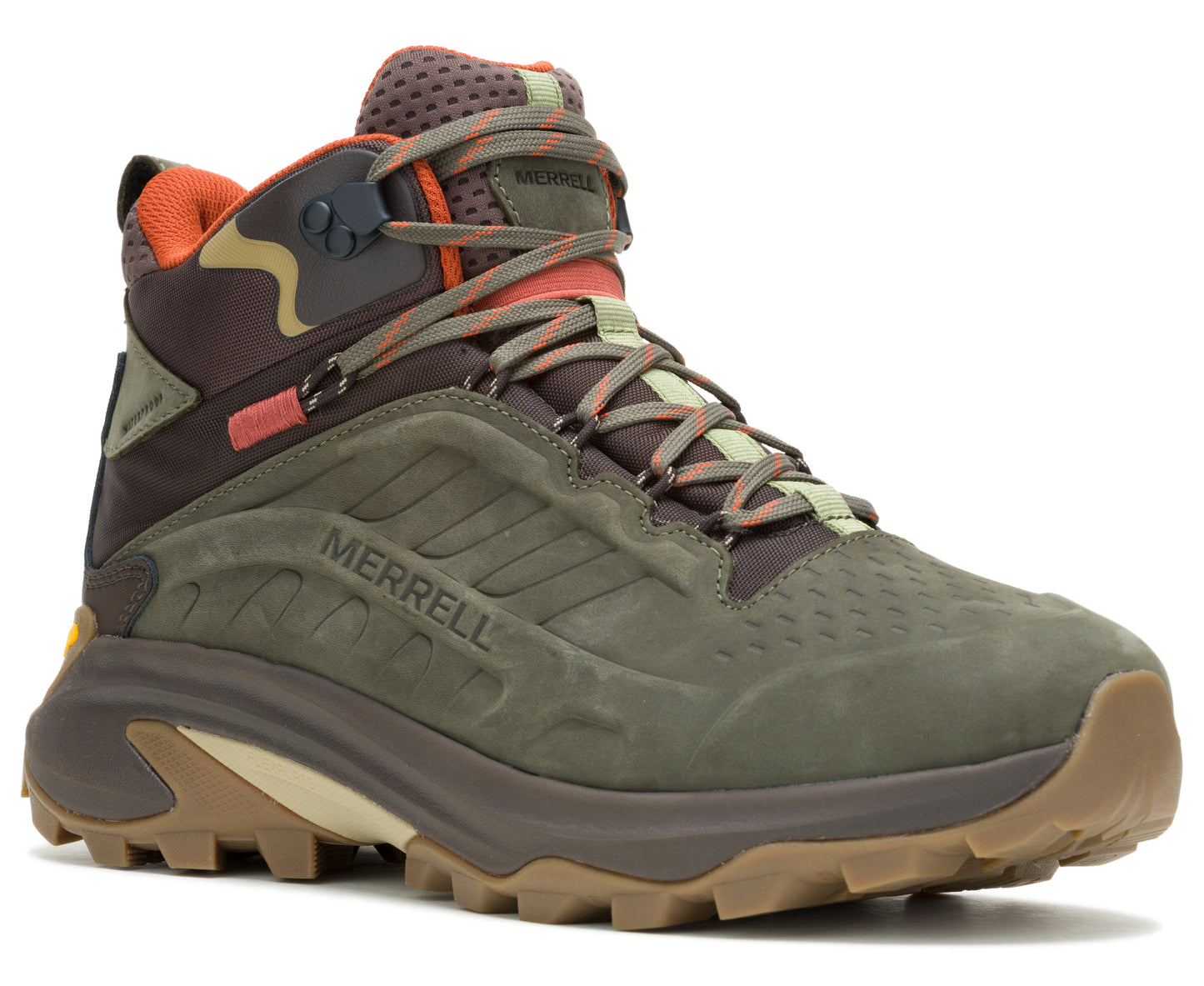 A high-top olive-colored athletic shoe with brown accents and orange laces.