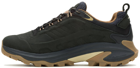 A black hiking shoe with a brown sole.