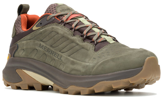 Trail running shoe in olive green with brown sole and orange collar.
