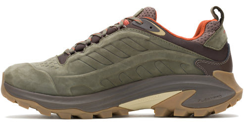 Side view of a brown and olive green hiking shoe with thick lug sole and orange lining.