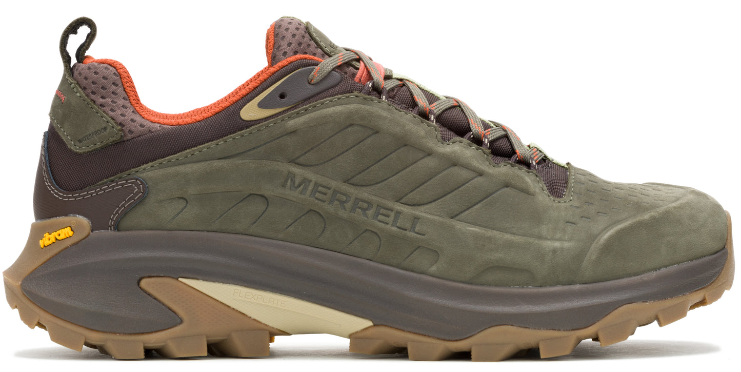 Low-top olive and brown trail running shoe with orange trim and thick lug sole.