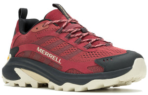 Red mesh hiking shoe with black accents and off-white sole with MERRELL branding on side.