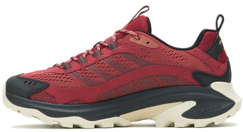 Red running shoe with black and cream sole.