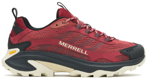 Burgundy athletic shoe with the text "MERRELL" on the side, black heel and toe, and a thick black and cream colored sole.