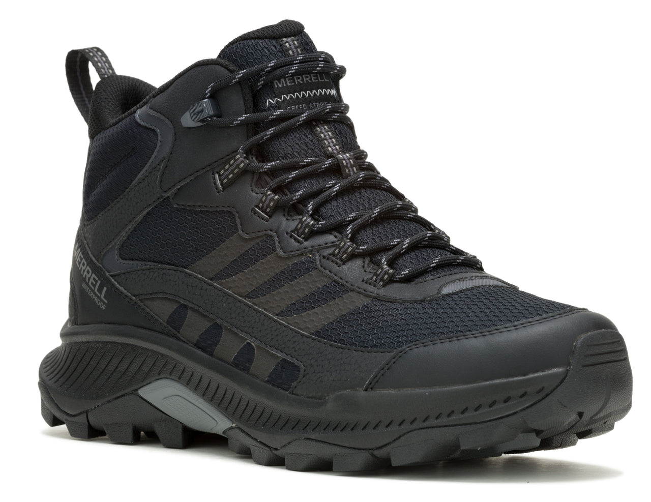 Black hiking boot with laces and lug sole.