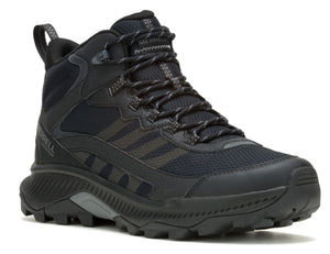 Black hiking boot with laces and lug sole.