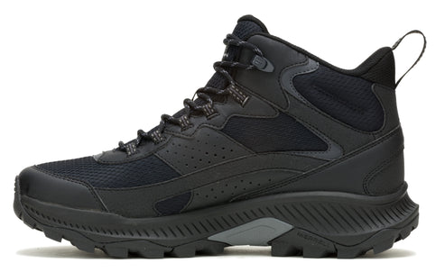 A black hiking boot with a high ankle, laces, and a rugged sole.