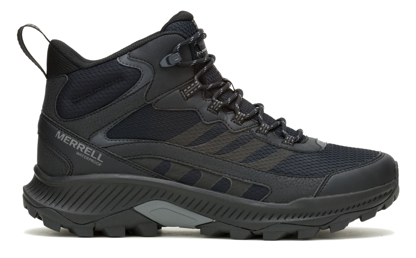 Black hiking boot with the text "MERRELL WATERPROOF" on the side.