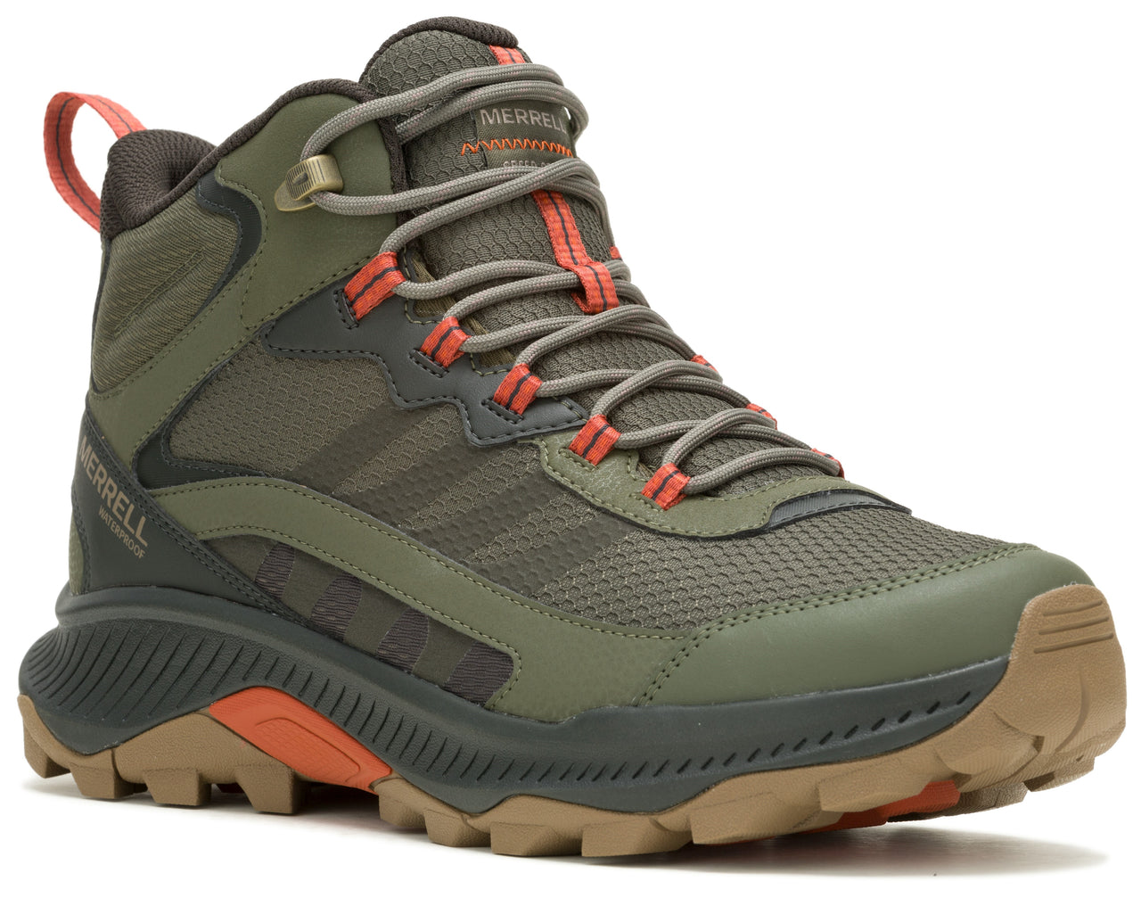 Green and brown hiking boot with gray laces and orange accents.