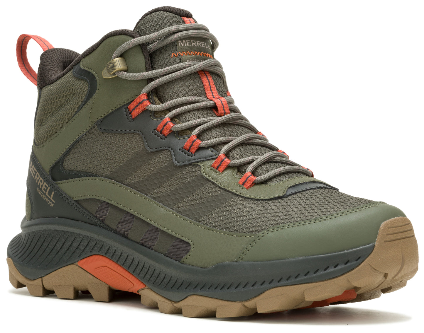 Green and brown hiking boot with gray laces and orange accents.