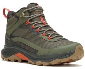 Olive green hiking boot with orange accents, a high ankle, and a rugged sole.