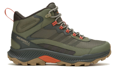 Olive green hiking boot with orange accents; MERRELL Waterproof logo on side.