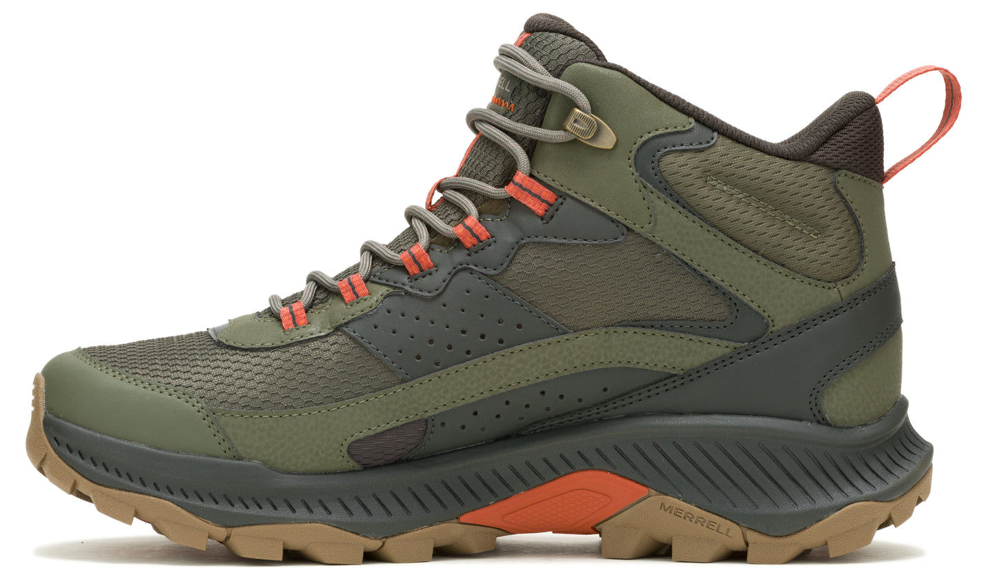 Hiking boot, olive-green and gray with an orange heel loop and midsole accent.