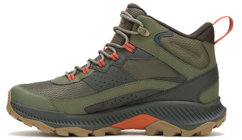 Hiking boot, olive-green and gray with an orange heel loop and midsole accent.