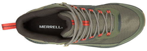 Top-down view of a dark green hiking boot with gray laces and a red heel tab.