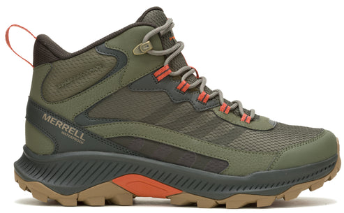 A green hiking boot with orange accents and a lug sole.