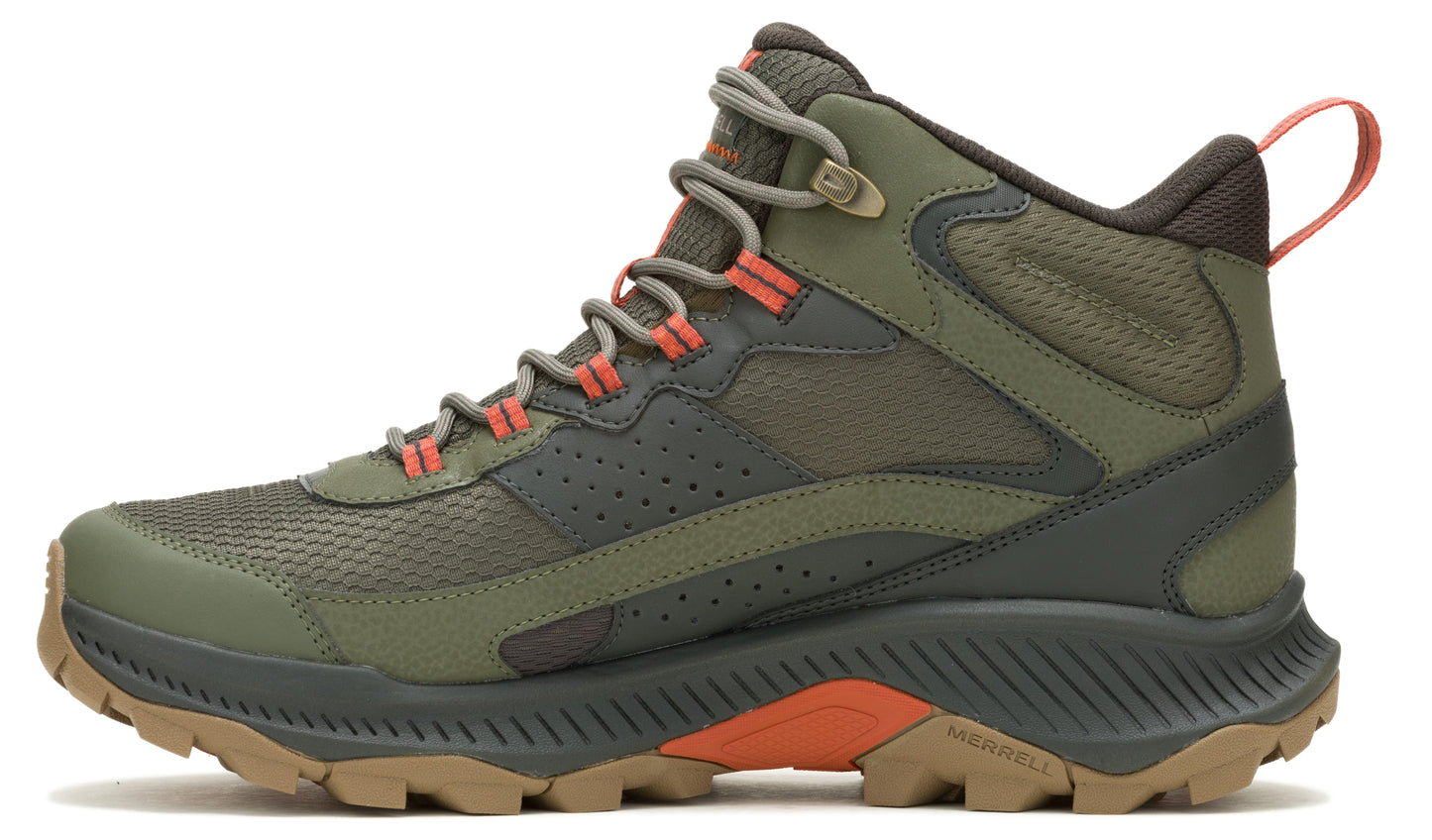 Olive green hiking boot with orange laces and a brown sole.