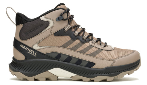 Tan and black high top hiking shoe with "MERRELL WATERPROOF" printed on the side.