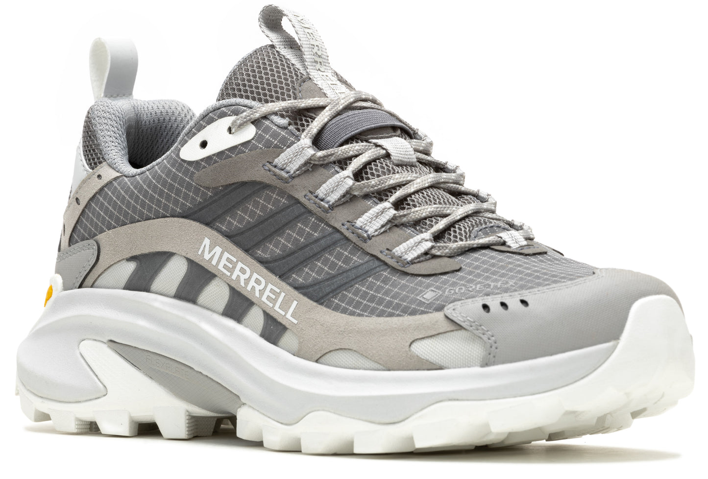 Gray athletic shoe with a thick white sole and "MERRELL" printed on the side.
