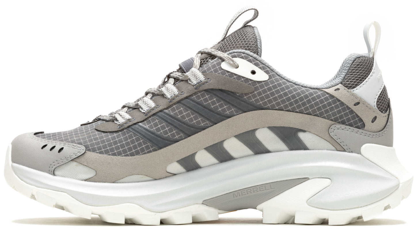 Grey athletic shoe with white soles and signature 3 stripe.