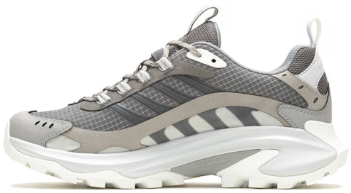 Grey athletic shoe with white soles and signature 3 stripe.