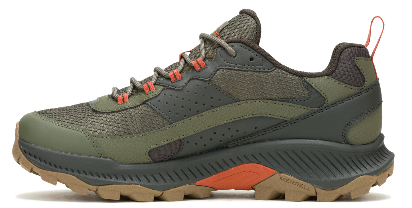Olive green athletic shoe with a brown lug sole, orange lace loops, and a fabric and synthetic upper.