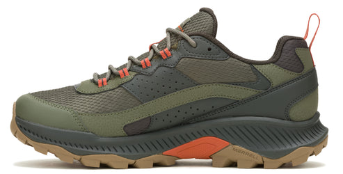 Olive green athletic shoe with a brown lug sole, orange lace loops, and a fabric and synthetic upper.