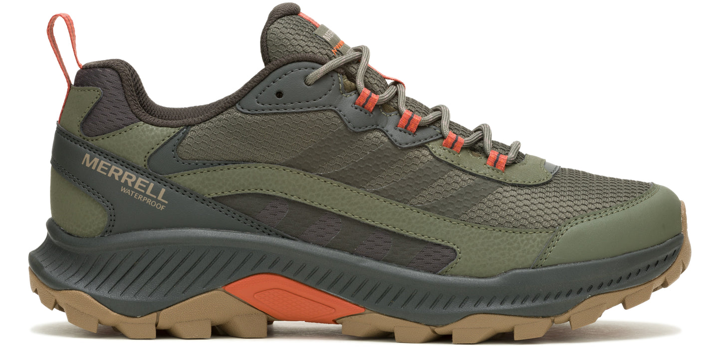 A side view of a green shoe with orange laces and sole accents. The side of the shoe is labeled "MERRELL WATERPROOF".