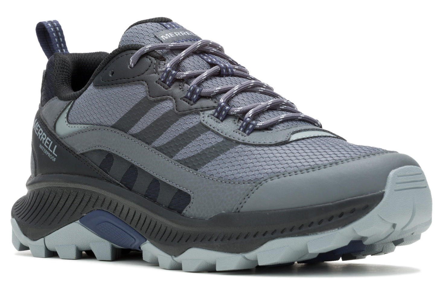 A gray hiking shoe with a blue heel.