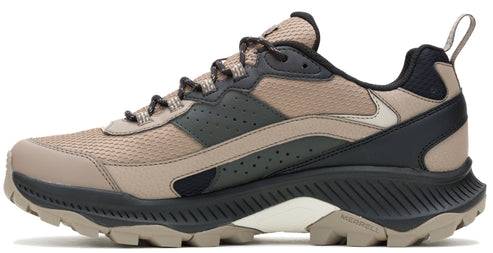 A side view of a taupe-colored hiking shoe with black and gray accents and a black sole.