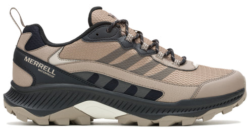 Tan hiking shoe with black accents, low profile tread, and the word MERRELL WATERPROOF in black on the back.