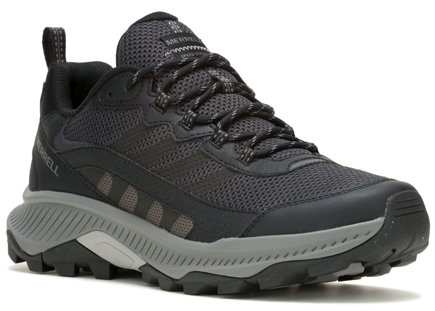 A low-cut black and gray hiking shoe with a gray sole.