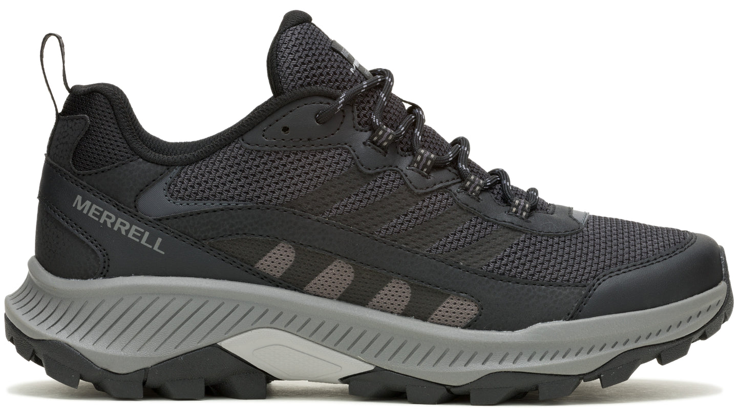 Black low-cut hiking shoe with a gray sole, black laces, and the text "MERRELL" in gray on the heel.