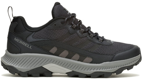 Black low-cut hiking shoe with a gray sole, black laces, and the text "MERRELL" in gray on the heel.