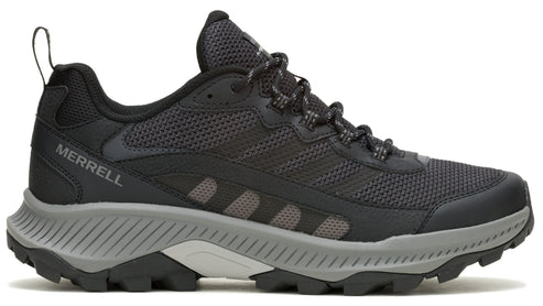 Black hiking shoe with gray sole and pull tab on the back.