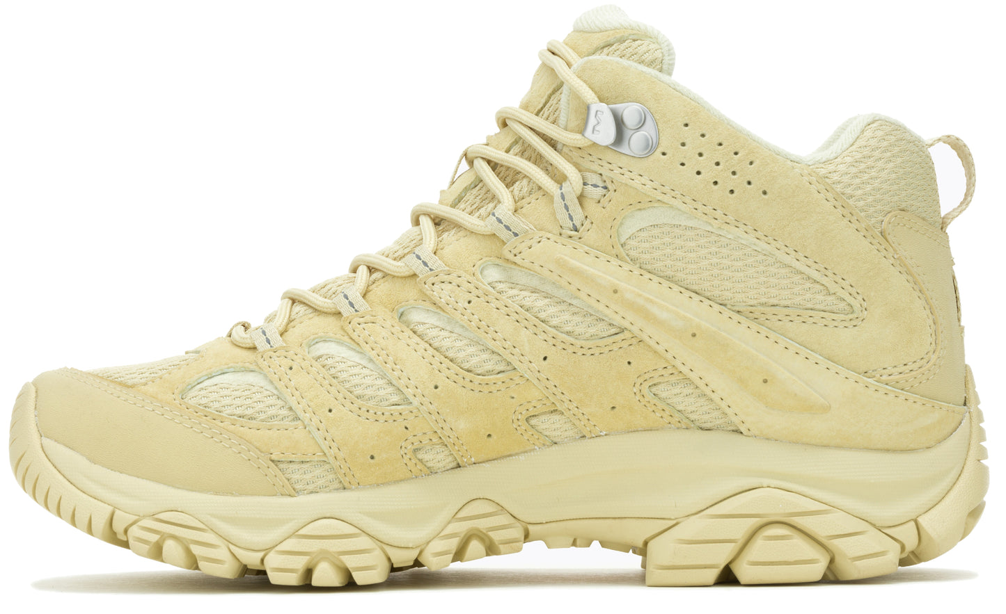 Beige hiking boot with laces and treaded sole.